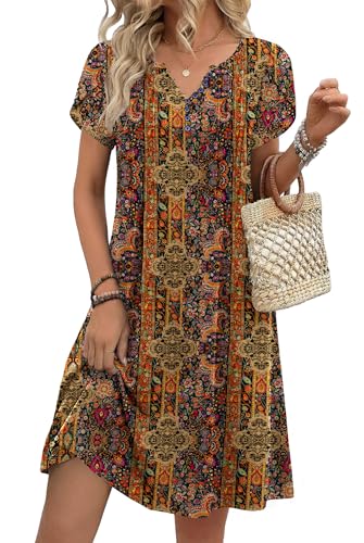 Zeagoo Vestidos Verano Mujer Elegantes en línea A Manga Corta Escote en V Casual Falda Midi Informal Túnica con Botones y Plisado Multicolor XXL
