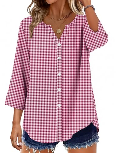 OFEEFAN Shirts for Women Early Fall Fashion Plaid Shirts 3/4 Length Sleeve Womens Tops Christmas Shirt Button Down Red Plaid Tops Gingham L