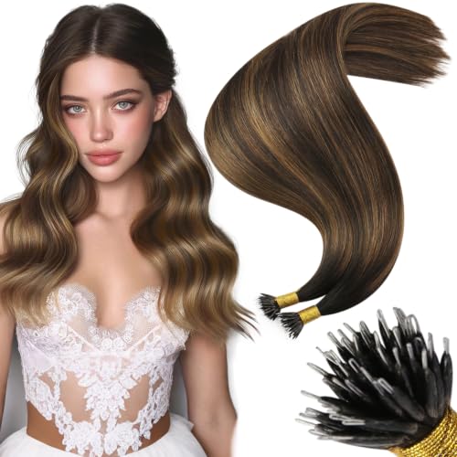 Image of Moresoo Nano Hair Extensions Human Hair, Brown Chestnut Balayage, 20 Inch