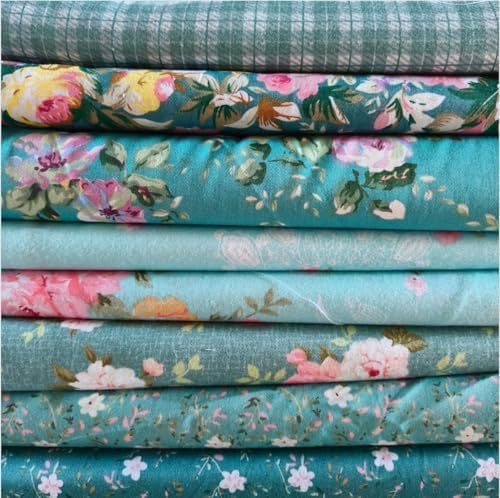 8PCS 18" x 22" Quilting Fat Quarters Fabric Bundles, for Sewing Crafting,Print Floral Striped Polka Dot 100% Cotton Gingham Fabric (Blue Green Flowers, 18" x 22")