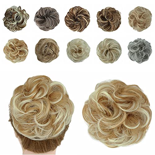 Messy Hair Bun Scrunchies Wavy Curly Synthetic Hair Extensions Donut Chigons Updo Hairpieces (Honey Blonde & Blonde, 26H613)
