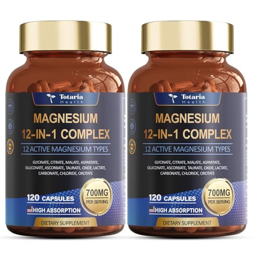 Magnesium Complex 700mg 12 in 1 Magnesium Supplement with Glycinate Citrate Malate Oxide Taurate Aspartate Orotate Magnesium Relaxation Muscle Heart Support Vegan 120 Capsules 2PK