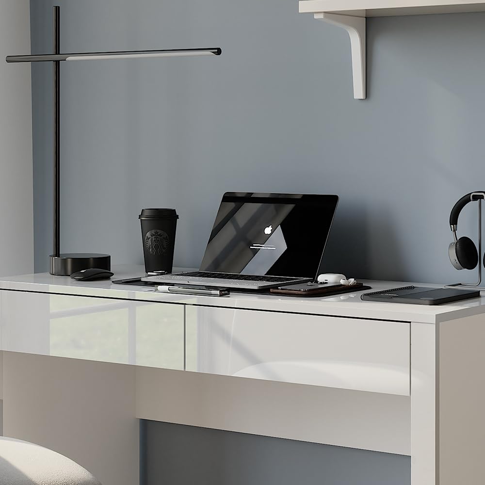 Vicco Bureau Annabelle, Blanc Brillant/Blanc, 110x50cm | avec 2 tiroirs, convient comme poste de travail pour le télétravail ou les études