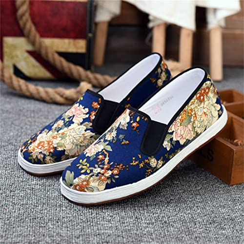 Chinese Traditional Old Beijing Handmade Melaleuca Sole Flower Cloth Shoes,Men's Fashion Pattern Casual Cloth Shoes,Blue,10.53