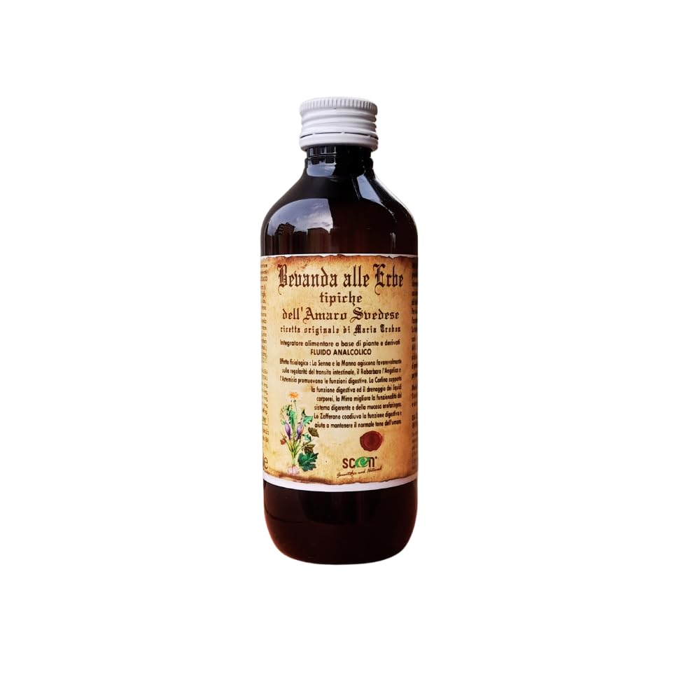 SCEN Amaro Svedese Maria Treben Originale Senza Alcool Preparato con Erbe Svedesi Naturali Efficace e Concentrato Diuretico Drenante per Gonfiore Addominale 200 ML Made in Italy