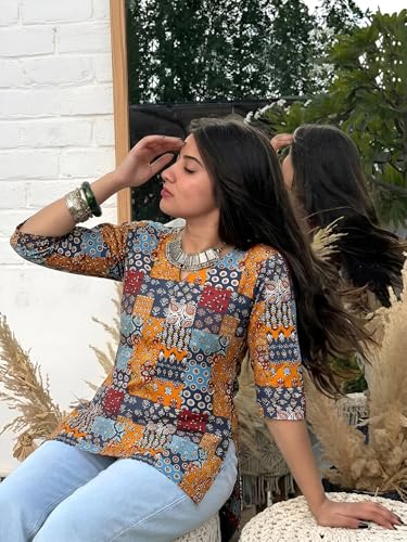 Image of Pinkmint Women's Cotton Blend Printed Short Kurti, Hip-Length Ethnic Tunic for Women, 3 /4 Sleeve Notch Neck, Casual, Office (Available in Plus Sizes & Combo Pack 2)