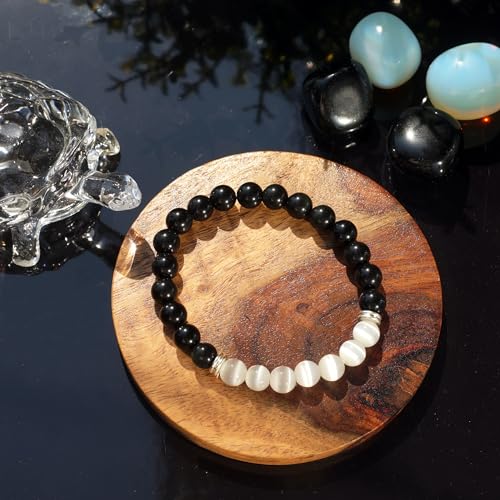 Black Obsidian & White Selenite Agate Bracelet – Chakra Healing Energy Balancing Crystal Bracelet for Protection & Mindfulness Gift3