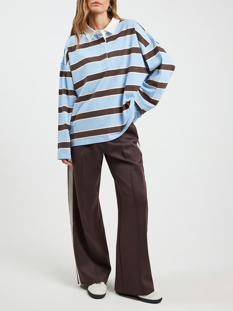 Women Oversized Striped Polo Sweatshirt Long Sleeve Lapel V Neck Rugby Shirt Pullover Top Vintage Clothes - Image 3