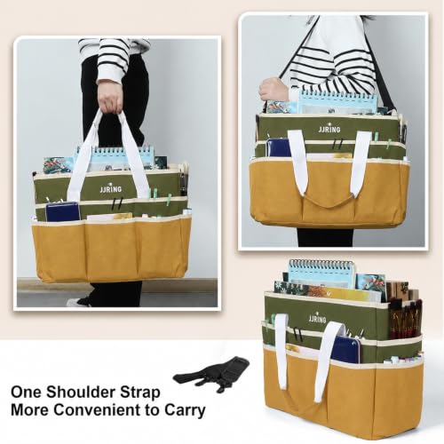 Image of JJRING Craft Organizer Tote Bag Large Art Storage Caddy Dark Green&Brown