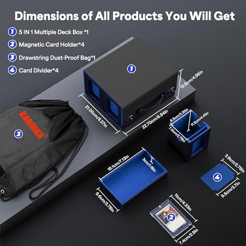 Image of Kabinka Commander Deck Box for MTG with Handle, Multi Deck Case with Large Dice Tray Fits 400+ Double-Sleeved Cards, 5 IN 1 TCG Card Storage Box with Commander Display, 35PT Card Holders (Black Blue)