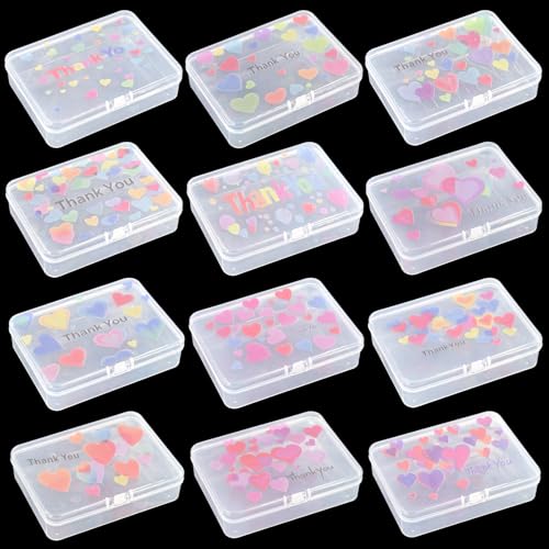 Image of 12 Pieces Rectangular Plastic Organizer Storage Box Containers with Thank You & Hearts Image Pattern on the Lid, 4.5 x 3.3 x 1.1 inch (Transparent)