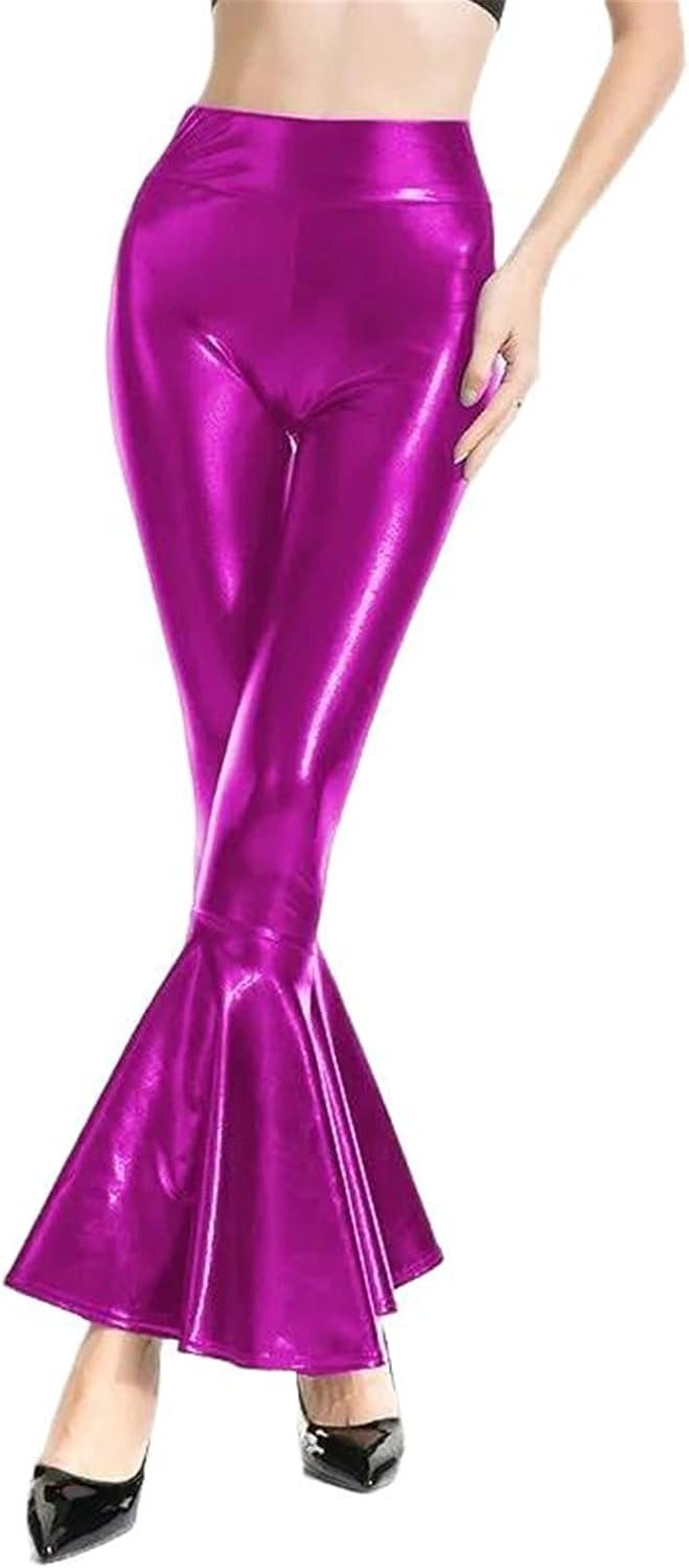 Sexy PU Leatherhiny Flared Clubwear Stage Performance Women Bodycon Elastic Waist Bell Bottom Trousers