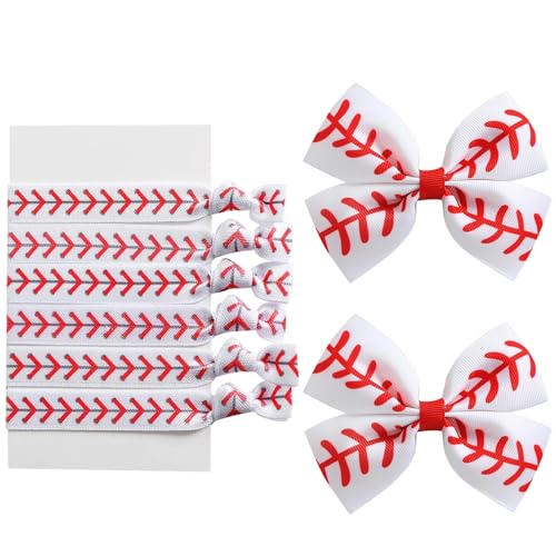 2PC Baseball Hair Bow Clips with 5PC Hair Ties for Women, White Red Ribbon Baseball Hair Clip, Baseball Cheer Hair Accessories for Sports Games Day Baseball Mom Gifts