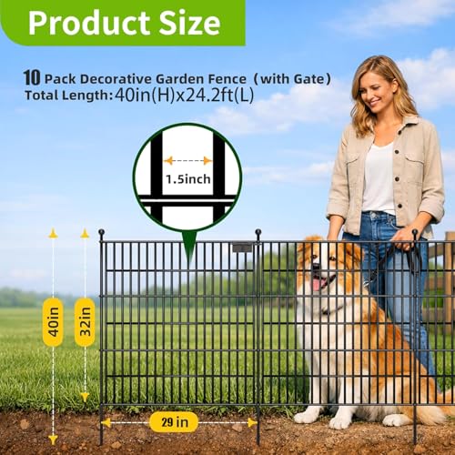 Image of Toolterritary 10 Panels No Dig Garden Fence with Gate, 32 in(H) X24.2 ft(L) Metal Fence Panels, Thickened Rustproof Garden Fencing, Animal Barrier Fence for Dogs, Rabbits, and Patio