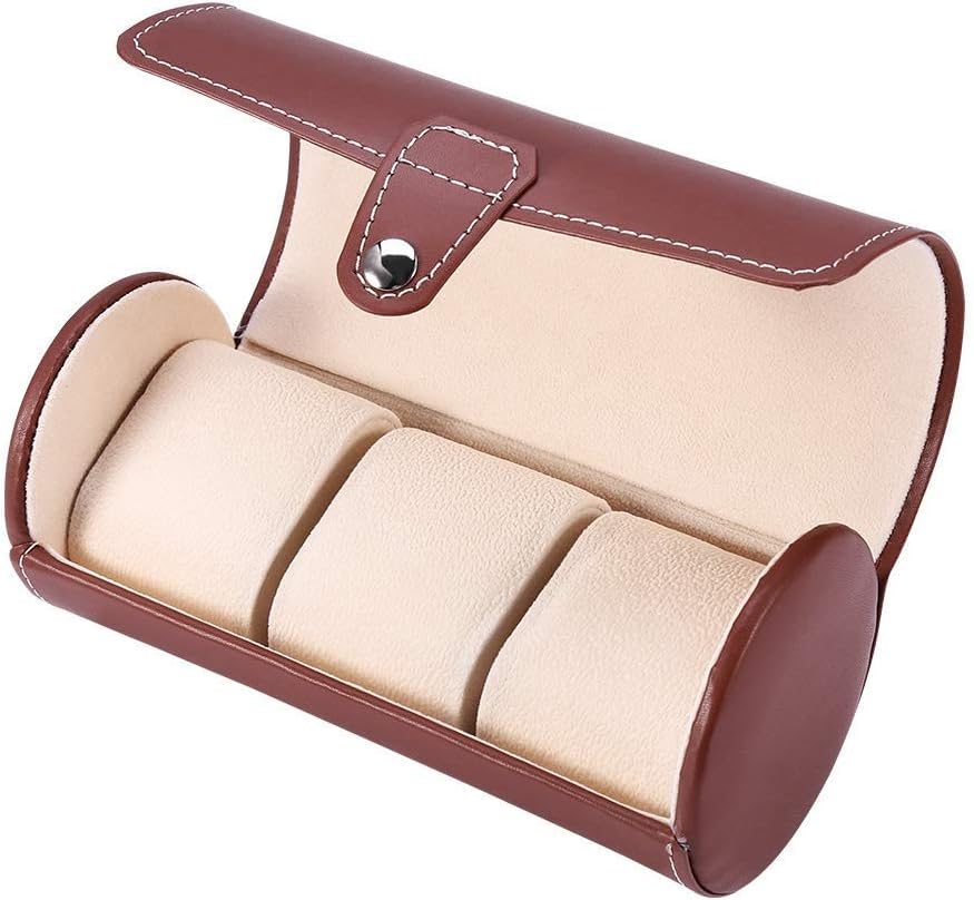 Crobat 3 Grids Cylinder Watch Roll Holder Wristwatch Display Case Jewelry Storage Box (BROWN)