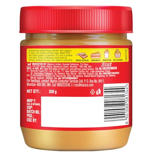 Image of Saffola Peanut Butter with Jaggery, Creamy 350 gm | High Protein Peanut Butter | No Refined Sugar (Pack of 3)