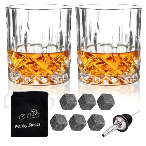 Whiskey Glasses Set of 2 Diamond Whisky Tumblers 300ml Drinking Cups Bourbon Brandy Rum Cocktail Home Bar Party Men