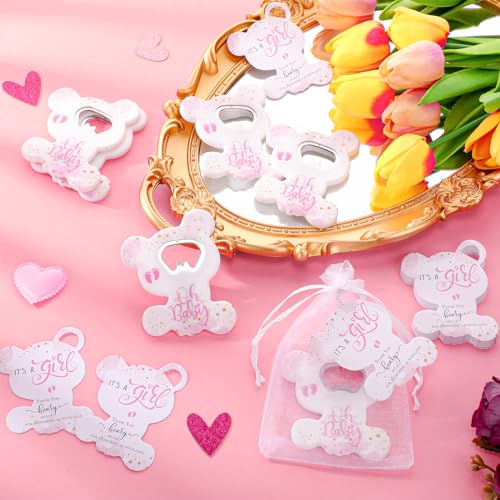 Domensi 75 Pcs Baby Shower Bear Party Favors 25 Bear Bottle Opener Baby Boy Girl Fridge Magnet 25 Thank You Card and 25 Organza Bag Gender Reveal Party Favors for Souvenirs(Girl) by Domensi - Image 4