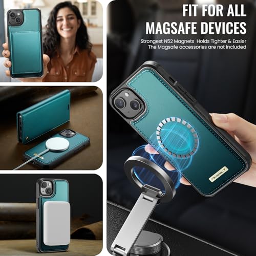 Image of Wallet Case for iPhone 13 Compatible with Magsafe, 2-in-1 PU Leather Flip RFID Blocking Card Holder Stand Shockproof Magnetic Detachable Cover for iPhone 13 Case 6.1 inch, Bluegreen