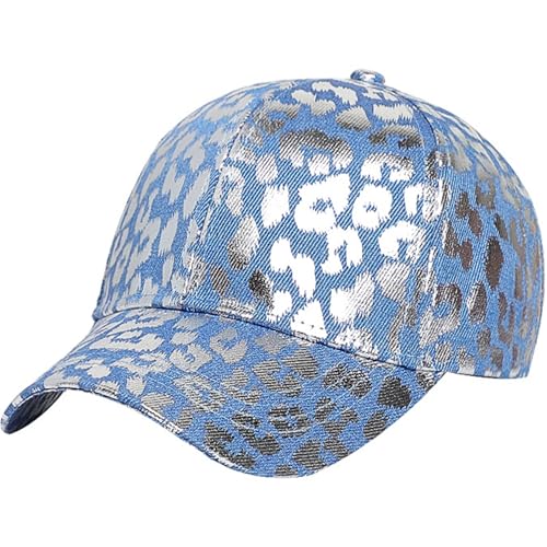 Image of Metallic Leopard Printed Denim Jeans Style Adjustable Trucker Hat with Key Ring Strap, Breathable Adjustable Hip Hop Baseball Cap for Fishing Hiking Outdoor Daily Use (Blue)