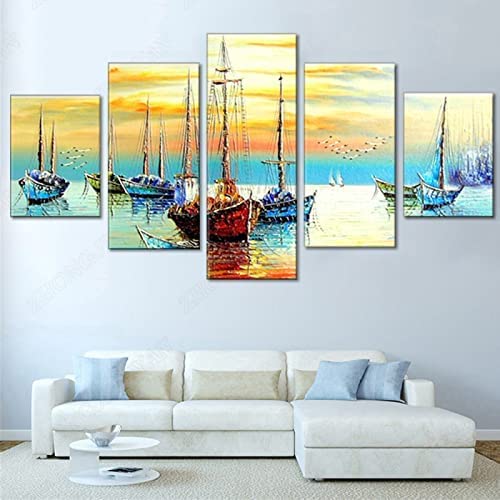 Toile Art Mural 5 Pieces Impression Sur Toile Intissée Paysage De Peinture À L'Huile De Bateau À Voile Sans Cadre 200 X 100 Cm | 5 Pieces | Tableau Mural...