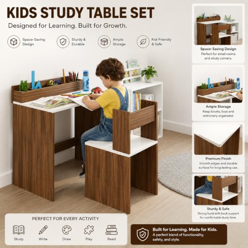 Image of FURNEASER Jasper Medium Size School Desk DIY, Table Chair Set for Kids, (80x40cm) (Exotic Teak & White)