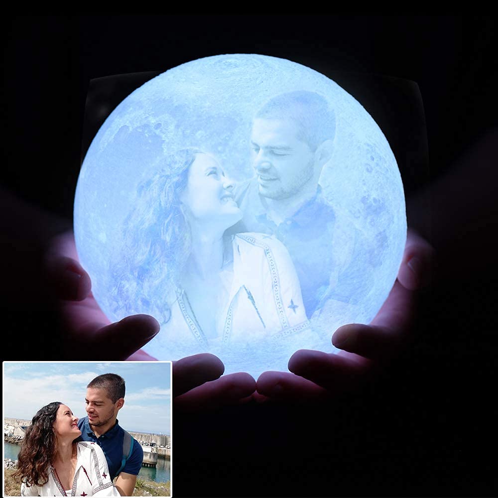 Lampara Luna Personalizada 3D Con Tu Foto Y Texto, USB Recargable 16 colores Control remoto y táctil controlar, Regalos para Novio, Novia, Amigo, Padre y Tu Madre, Moon Light Lamp Diámetro (15cm)