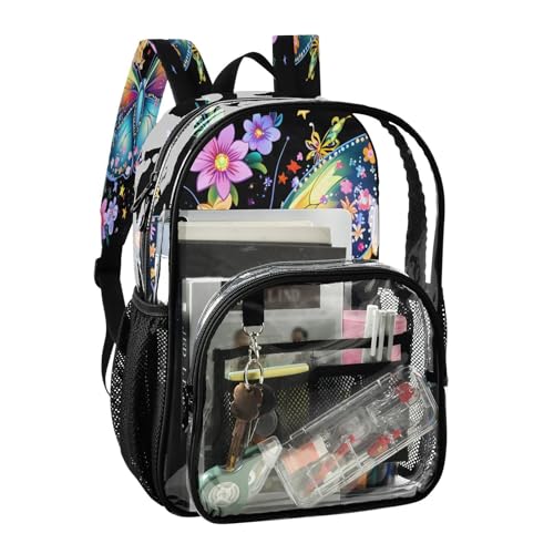 Flower Butterfly Black Clear Backpack Heavy Duty See Through Transparent PVC BookBag for Kids Boy Girl School Work2