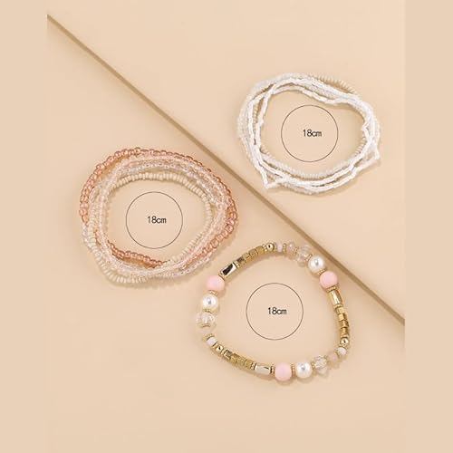 Colorful Bling Women Multilayer Temperament Imitated Pearl Stackable Strand Bracelets Beaded Seed Heart Rhinestone Crystal Stretch Bracelet Wedding Wrist Jewelry-Pink #TOP3