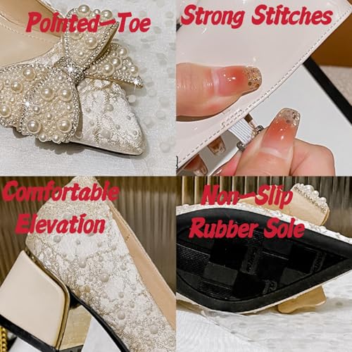 Womens Pearl Rhinestone Low Chunky Heels Slip On Pumps Shiny Pointed Toe Wedding Dress Shoes for Party Wedding Dating2