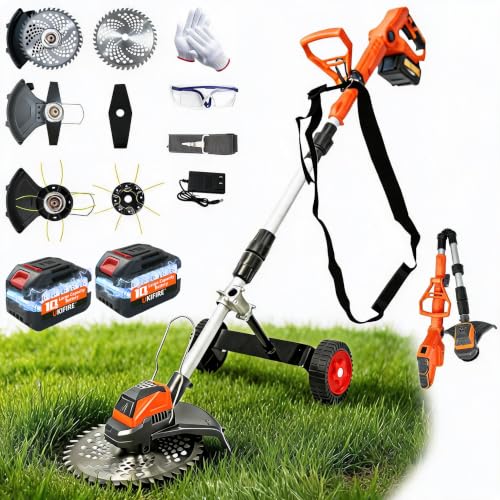 Image of 3-in-1 Electric Weed Wacker Cordless with Wheel, 20000RPM Brush Cutter /String Trimmer /Grass Trimmer /Edger Tool, 2 x 4000mAh Batteries, 90 Adjustable Handle, Powerful Lightweight Garden Tool (Orange)