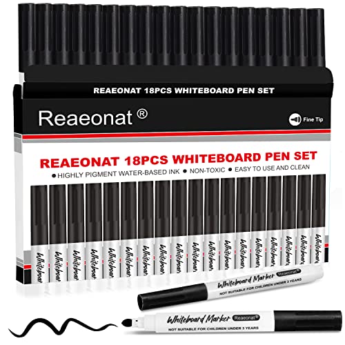 Reaeonat Black Whiteboard Markers, 18 Pack Dry Erase Fine Tip White Board Pens Ink Marker for Home, Office Uses