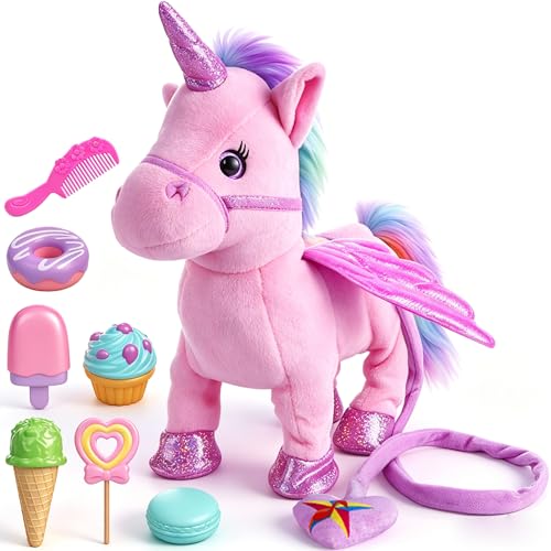 GIDGOD Pink Walking Unicorn Pony Toy with Leash, Electrical Plush Interactive Horse that Walks Twists Butt Sings and Neighs, Includes 6 Desserts and Mini Comb...