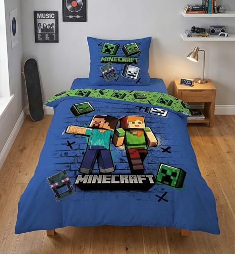 Parure de Lit Minecraft – Housse de Couette 140x200 cm + Taie d'oreiller 63x63 cm – Microfibre Ultra-Douce – Design Officiel Steve & Alex avec Creeper...