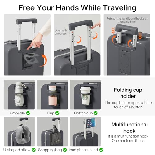 mixi Carry On Luggage with Cup Phone Holder and Charger Hard Shell Suitcases with Spinner Wheels,20 Inch Rock Gray4