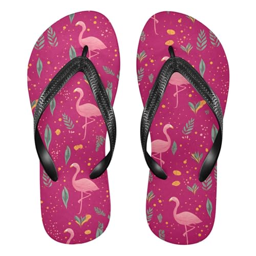 ALAZA Cute Flamingo Leaves Flip Flops for Women Fashion Beach Slippers Comfort Mens Flip Flops Non-Slip Rubber Shower Slippers Sandal for Hotel Travel Sport,XS