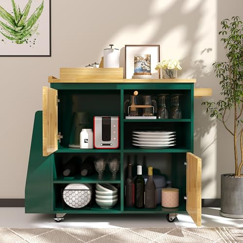 Image of NSdirect Kitchen Island Cart,Kitchen Bar&Serving Cart Rolling on Wheels with Spice Rack Towel Holder Utility Storage Trolley with Storage Drawers,Green