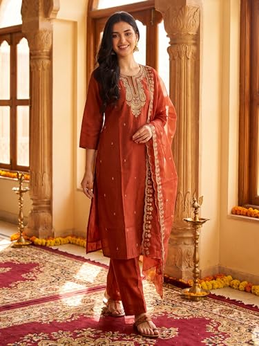 Image of INDO ERA Women's Silk Blend Embroidered Thread Work Kurta & Pant with Dupatta Set | Suit Set For Women