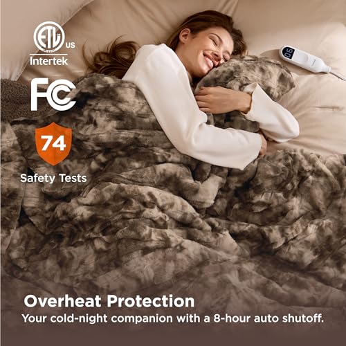 Image of Bedsure Faux Fur Heated Blanket Twin Size, Fast Heating Electric Blanket Twin Size with 6 Heating Levels & 10 Time Settings, Cozy Gifts for Women Men (62x84 inches, Brown)