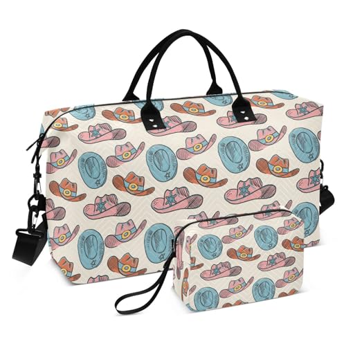 VIGTRO Travel Duffel Bag Weekender Overnight Bag with Toiletry Bag Cowgirl Theme Wild West Hats Printed, Carry On Luggage Bag for Hospital Gym Travel Business, 2 Pcs Set