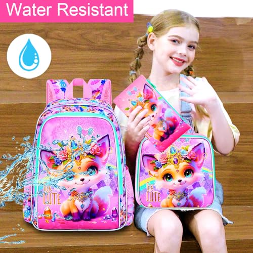 Image of 16 inch Backpack for Girls, 3Pcs Fox Kids Bookbag with Lunch Box,School Backpacks for Elementary Preschool Kindergarten (Pink)