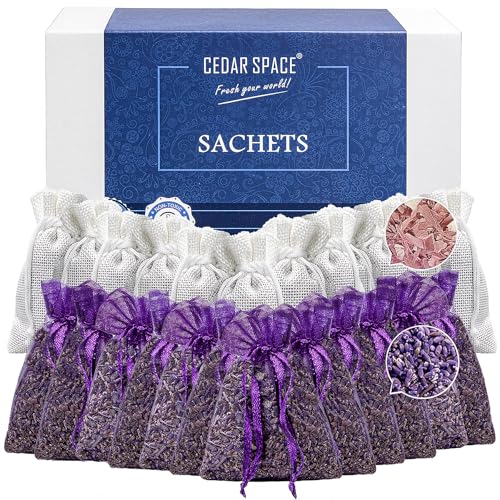 Cedar Space Lavender Sachet Bags for Drawers and Closets(24 Pack),Potpourri Bags,Dried Lavender Flowers,Cedar Blocks for Clothes Storage Scent Air Freshener, Cedar Chips Lavendar for Home Fragrance
