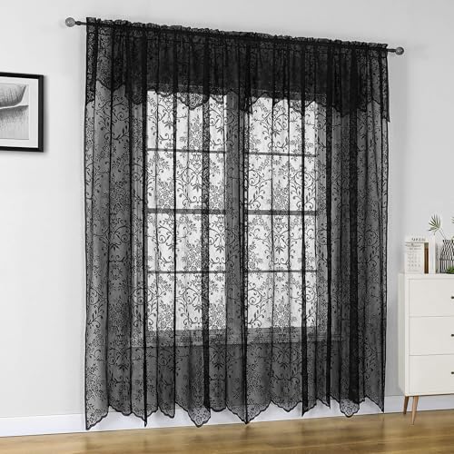 WUBODTI Gothic Black Lace Curtains with Attached Valance, Victorian Vintage Black Sheer Curtain Witchy Room Decor Floral Embroidered Curtains for Living Room Bedroom, 60" W x 72" L