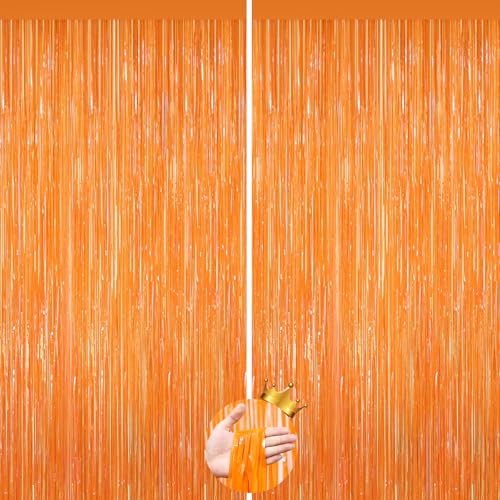 Image of 2Pack Orange Backdrop Curtains, Orange Tinsel Backdrop, Metallic Party Streamer Fringe Curtains, Foil Curtains Birthday Party, Curtain Backdrop for Baby Shower Bachelorette Xmas Party Halloween Decors