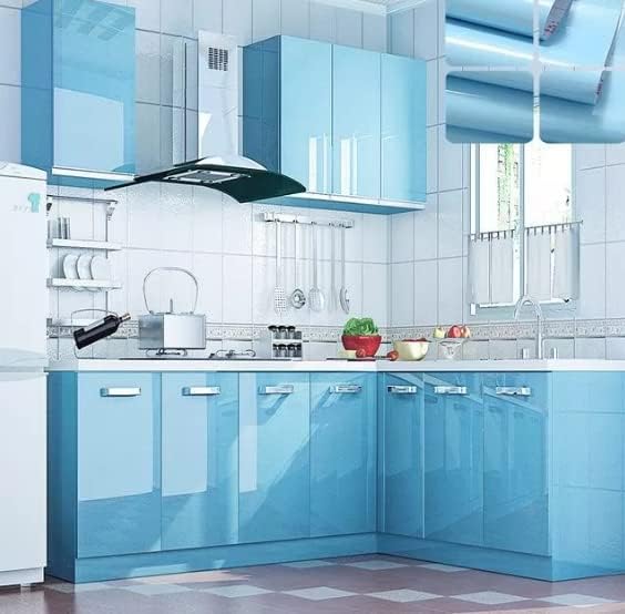 Image of WISDOM Vinyl Contact Paper Decorative for Cabinets Countertops Kitchen Shelves Liner Self Adhesive Film Peel and Stick Waterproof Removable Wallpaper (24 inch x 240, Sky-Blue Glossy Wallpaper)