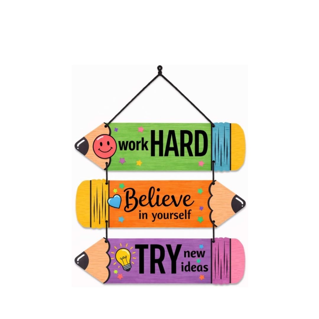 Motivational Wooden Wall Hanging Quotes – Work Hard, Believe in Yourself, Try New Ideas | Colourful Pencil Design MDF Inspirational Wall Decor for Kids Room, Study & Office-image-11