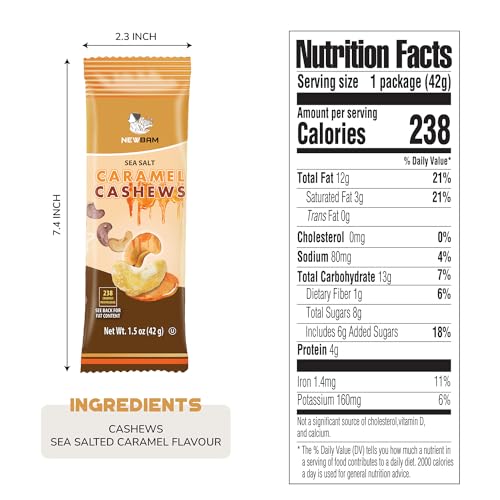 Image of NEWBAM Sea Salt Caramel Cashews - 12 Individual Packs - Sweet & Salty | Real caramel & sea salt. Vegan. 12g net carbs, 4g protein. Dessert-worthy, gift-ready, always fresh.