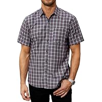 HISDERN Mens Navy Blue Checked Shirt Short Sleeve Casual Button Down Plaid Shirts for Mens Summer Formal Business Gingham Checkered Work Regular Fit with Pocket M