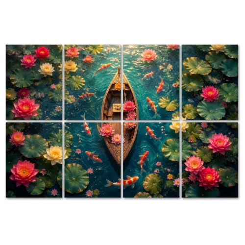 8 Pack Paneles Acústicos de Arte para Absorción de Sonido con Diseño Ornamental de Barco de Madera Rodeado de Peces y Flores de Loto Coloridas, Paneles Decorativos para Pared, Autoadhesivos, para Estudios de Grabación y Oficina 48"x32"