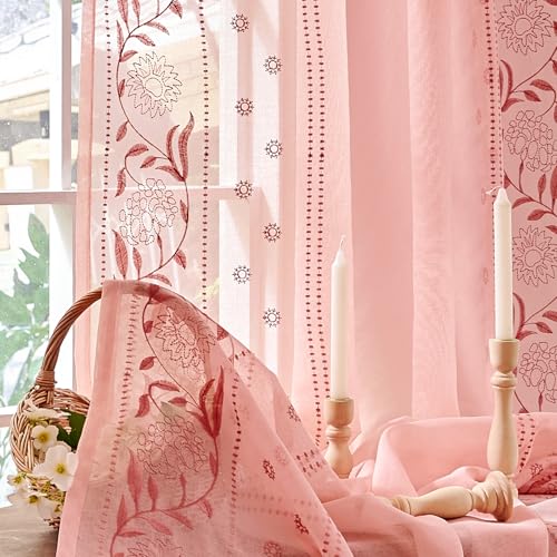 Image of jinchan Winslow Sheer Curtains 96 Inch for Bedroom Living Room Embroidered Bordered Floral Nursery Curtains for Girls Room Light Filtering Window Treatments, Pink on Pink, 2 Panels, 50 inch x 96 inch